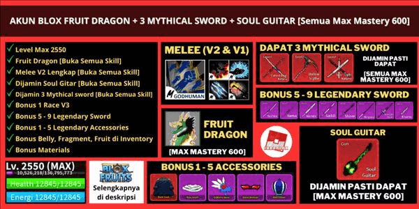 Buy Account Blox Fruit DRAGON Account + 3 MYTHICAL SWORD + SOUL 