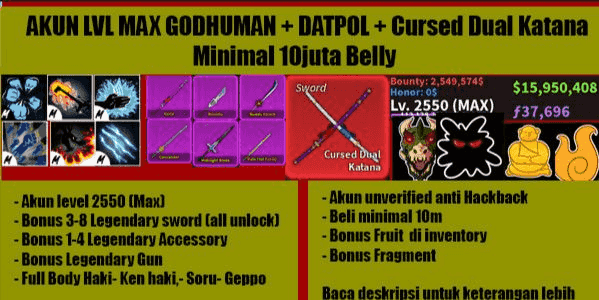 Gambar Blox Fruits Roblox Akun Blox Fruit Lvl MAX GODHUMAN + Cursed Dual Katana (DATPOL) 10 Juta Belly — 1