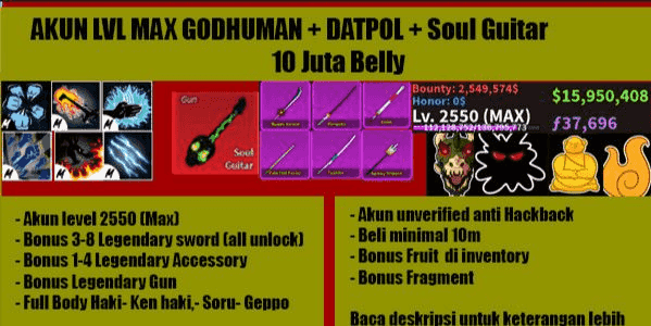 Gambar Blox Fruits Roblox Akun Blox Fruit Lvl MAX GODHUMAN + Soul Guitar (DATPOL) 10 Juta Belly — 1