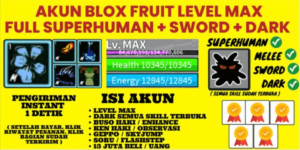 Gambar Blox Fruits Roblox Akun Blox Fruit Level MAX Fruit Dark ( Sudah Terbuka Semua Skill ) — 1
