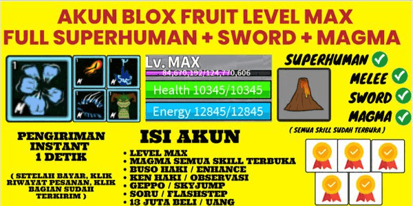 Gambar Blox Fruits Roblox Akun Blox Fruit Level MAX Fruit Magma ( Sudah Terbuka Semua Skill ) — 1