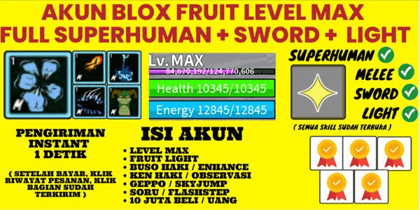 Gambar Blox Fruits Roblox Akun Blox Fruit Level MAX Fruit Light ( Sudah Terbuka Semua Skill ) — 1