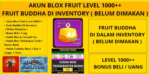 Gambar Blox Fruits Roblox Akun Blox Fruit Level 1000++  Fruit Buddha Di Inventory ( Belum Dimakan ) + Sudah Bisa Trade / Barter Buah — 1