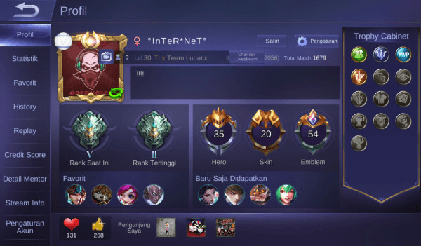 Gambar Product ML hero account 35 Skins 20 Emblems GG is mummer