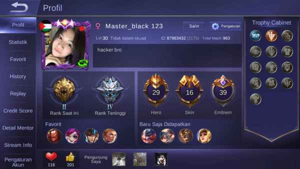 Akun pribadi hero 29 skin 16 allunbind mantap