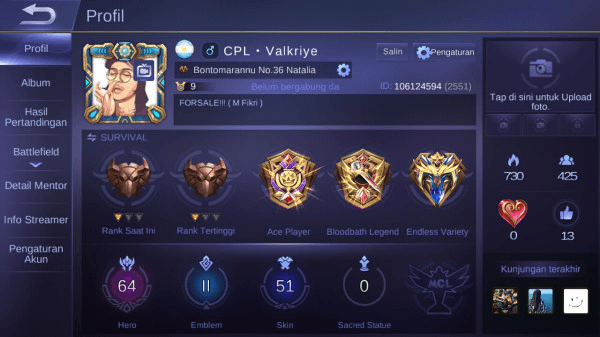 Gambar Product Akun Sultan, Hero 64 skin 51 emblem Max 2 