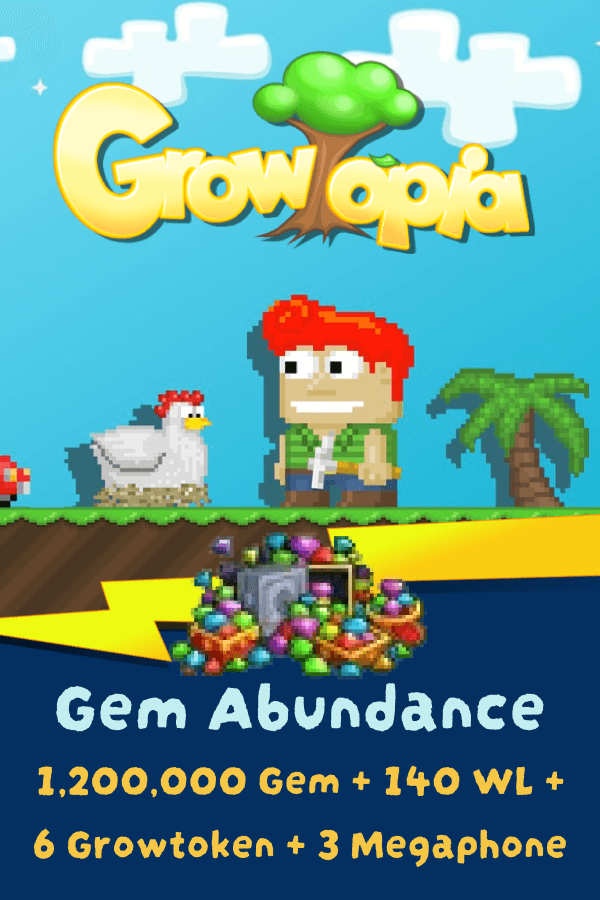 Growtopia • Gem Abundance (1,200,000 Gem + 140 WL + 6 Growtoken + 3 Megaphone)