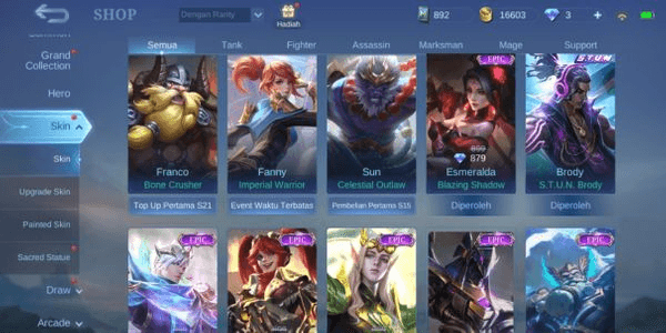 Gambar Product AKUN ML 8 EPIC FT 1 STUN FT 5 STAR RANK MYTICH SUPER MURAH