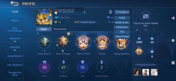 Gambar Product Akun Mobile Legends Hero 46 Emblem 47 Epic Harley Winrate Mantap
