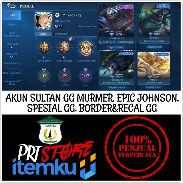 Gambar Product AKUN SULTAN HERO & SKIN BANYAK MURMER