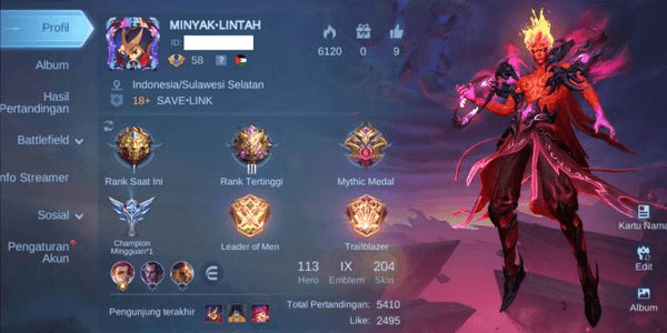 Gambar Product Akun Mobile Legends Sultan Murah Meriah Legend Valir, 113 Hero, 204 Skin, Emblem Max Level