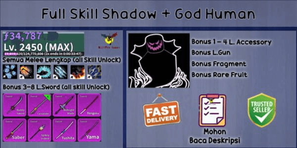 Gambar Product Blox Fruit Account Lvl MAX GODHUMAN (Full Skill Shadow)