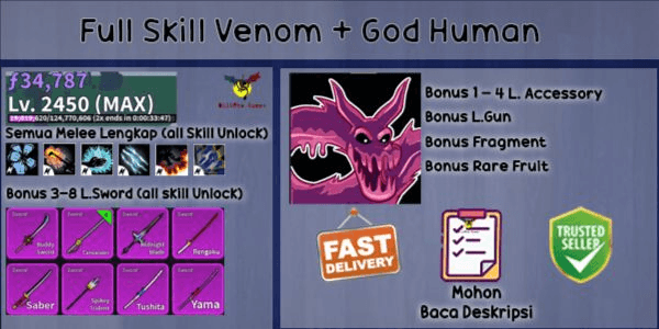Gambar Product Blox Fruit Account Lvl MAX GODHUMAN (Full Skill Venom)