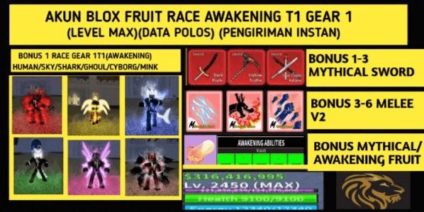 Blox Fruit Account Lv:2450Max, Full Gear Awaken Ghoul Race V4, Godhuman, CDK, Soul Guitar