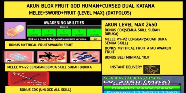Blox Fruit Account Lv:2450Max, Shark V4 - Fall Awaken Buddha, GodHuman, Cursed Dual Katana, Hallow scythe, Unverified Account