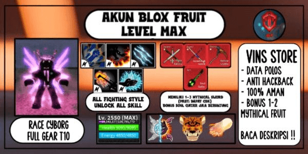 Blox Fruit Account Lv:2550Max  Full Gear Awaken Cyborg + Shark