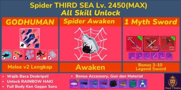 Gambar Product Blox Fruit Spider Account Full Awaken + Godhuman + Mythical Sword Level MAX - Not Verified