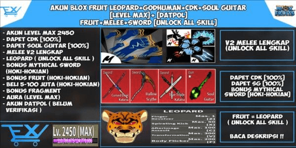 Account Blox Fruit God Human+CDK+Leopard+Soul Guitar With All Skills  Unlocked!!! [Level MAX][Melee+Fruit+Sword+Gun All Skills Unlock]