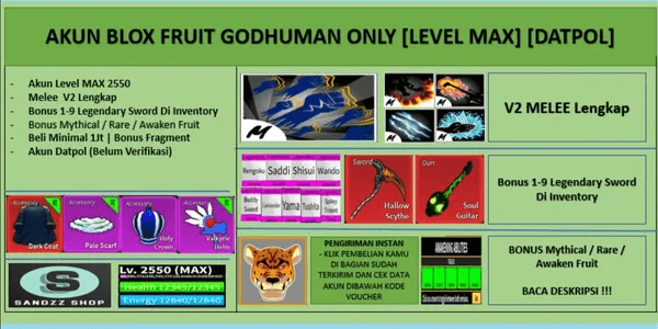 Blox Fruit] Lv 2450, Race Mink V4 (Awakening), Godhuman (Complete V1-V2  Melee)(All Skills unlocked), Cursed Dual Katana (All Skills unlocked)