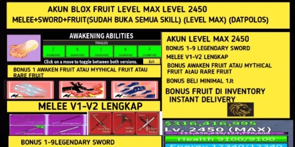 Blox Fruit : MAX Level 2450, Human/Angel V4 Full Gear, Has Darkblade, Dough Awake, Complete 4 Mythical Sword, Permanent Budda