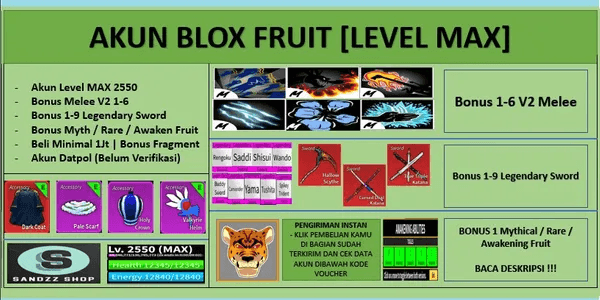 Blox Fruit Account Lv:2550Max, Full Gear Awaken Ghoul Race V4, Godhuman, Dragon Fruit, CDK, Soul Guitar