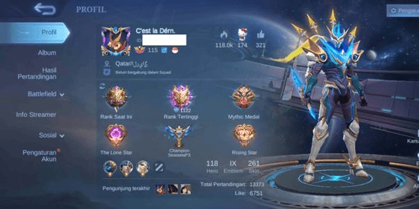 Gambar Product Akun Mobile Legends Sultan, Legend Gusion, 118 Hero, 261 Skin, Emblem Max Level