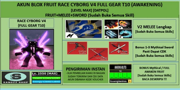Blox Fruit Account Lv:2450Max, Full Gear Awaken Shark Race V4, Dark Blade  (Yoru Gamepass), Godhuman, Mochi V2, CDK, Soul Guitar, Hallow Scythe
