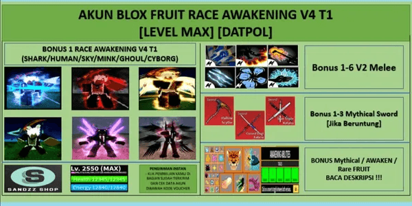 Blox Fruit Account Lv:2450Max, Full Gear Awaken Ghoul Race V4, Godhuman, CDK, Soul Guitar