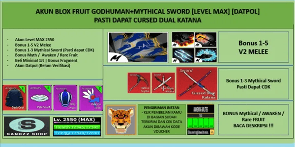 Blox Fruit account GODHUMAN + MYTHICAL SWORD [Level MAX]