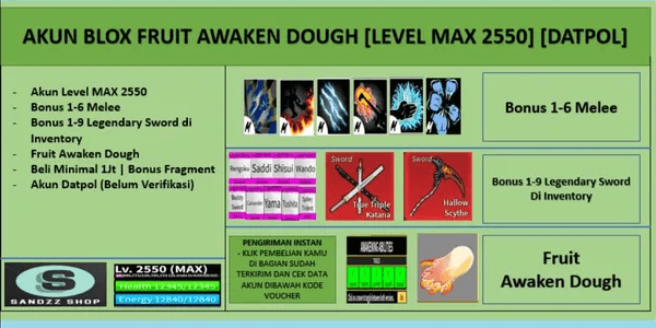 Blox Fruits, Max Level Account (2400), Full Awakened Dough, Cursed Dual  Katana, Hallow Scythe, Soul Guitar