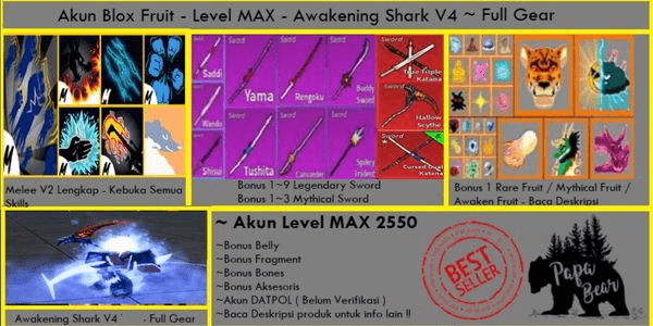 Gambar Product Akun Blox Fruit - Level MAX - Race SHARK V4 Full Gear T10 - Banyak Bonus