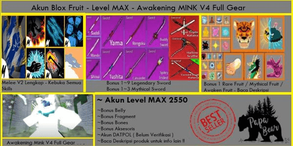 Gambar Product Blox Fruit Account - MAX Level - Race MINK V4 Full Gear T10 - Lots of Bonuses