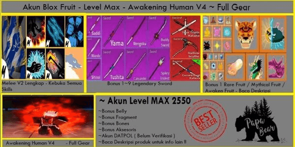 Gambar Product Akun Blox Fruit - Level MAX - Race HUMAN V4 Full Gear T10 - Banyak Bonus