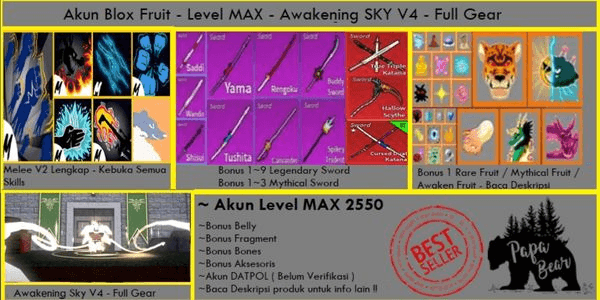 Gambar Product Akun Blox Fruit - Level MAX - Race SKY V4 Full Gear T10 - Banyak Bonus