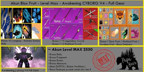 Gambar Product Akun Blox Fruit - Level MAX - Race CYBORG V4 Full Gear T10 - Banyak Bonus