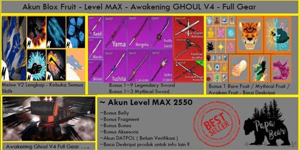 Gambar Product Akun Blox Fruit - Level MAX - Race GHOUL V4 Full Gear T10 - Banyak Bonus