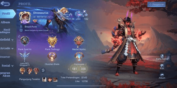 Gambar Product ML account 356 skin 2 Legend collector dyrroth max emblem lvl 95