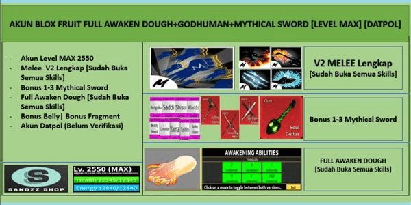 Gambar Product Akun Blox Fruit FULL AWAKEN DOUGH+GODHUMAN+MYTHICAL SWORD [Level MAX][Melee+Fruit+Sword All Skills Unlock]