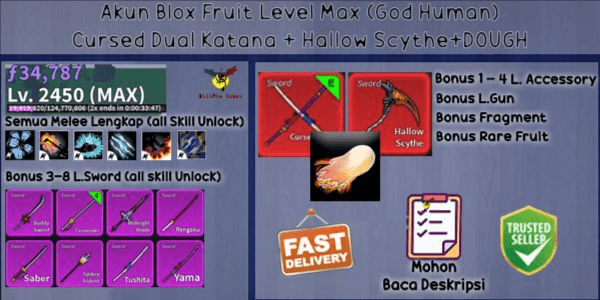 Blox Fruit Account Lv:2450Max, Fall BLIZZARD, GodHuman, Hallow scythe, Soul Guitar, Unverified Account