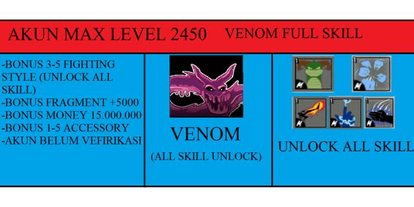 Gambar Product Akun blox fruit MAX LEVEL - VENOM FULL SKILL (Belum Verifikasi)