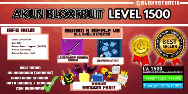 Gambar Product Akun Blox Fruit [LEVEL 1500] (Unverified/DataPolos)