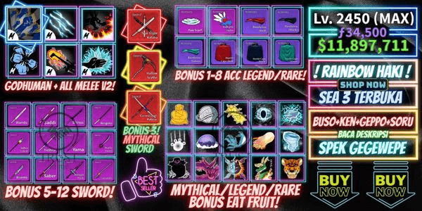 Gambar Product Akun Blox Fruit - MAX | Godhuman + 3 Mythical Sword | True Triple Katana / Hallow Scythe / Cursed Dual Katana | God human