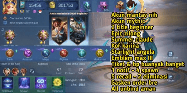 Gambar Product great account - epic zilong - emblem max III - abundant tickets & bp varah - all unbind safely