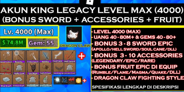 King Legacy Account 🔥 MAX LEVEL 4000, 20M+ BELI, UNVERIFIED