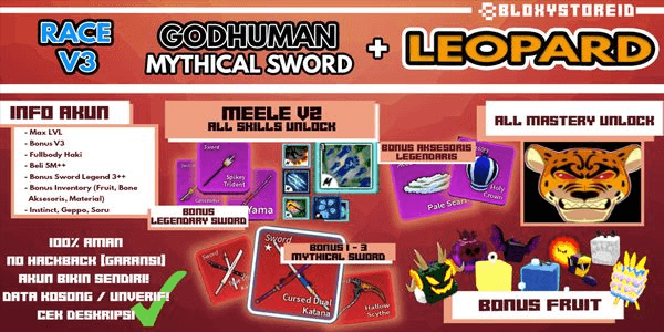 Gambar Product Blox Fruit Account {LEOPARD + GODHUMAN + MYTHICAL SWORD} [Level MAX ] (Unverified)