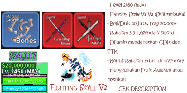Gambar Product Blox Fruit Account (MAX Level), Fighting Style V2, MYTHICAL SWORD