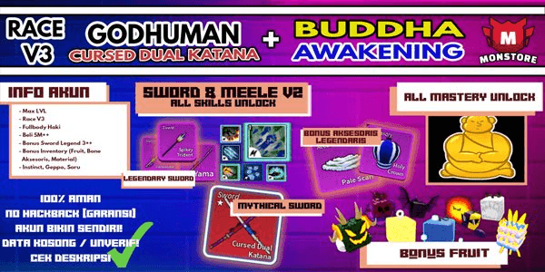 Gambar Product Blox Fruit Account {AWAKEN BUDDHA + GODHUMAN + CDK} [RACE V3][Level MAX ] (Unverified)