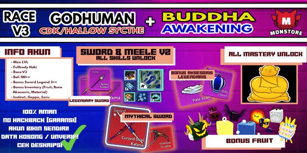 Gambar Product Blox Fruit Account {AWAKEN BUDDHA + GODHUMAN + CDK + HALLOW SYCTHE} [RACE V3][Level MAX ] (Unverified)