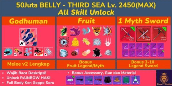 Gambar Product Blox Fruit Account Level Max 50,000,000 Beli + Godhuman + Mythical Sword + Fruit (All Skill Unlock) - Datpol