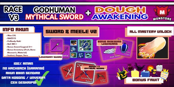 Gambar Product Blox Fruit Account {AWAKENING DOUGH + GODHUMAN + MYTHICAL SWORD} [Level MAX ] (Unverified)